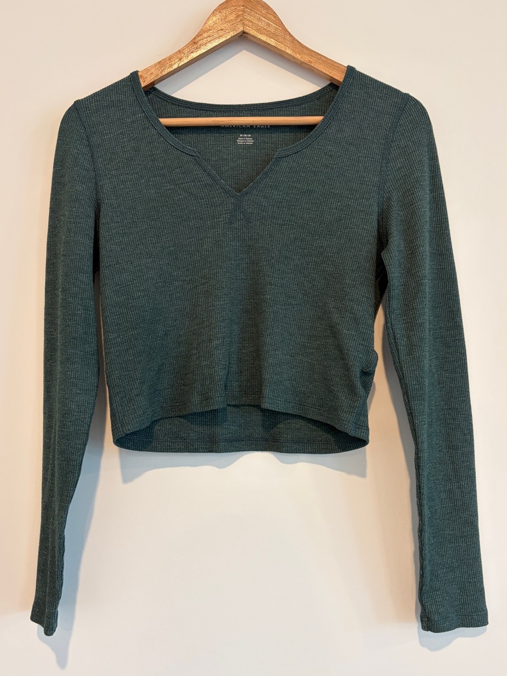 American Eagle Waffle Knit Henley Cropped Long Sleeve Top Green Medium